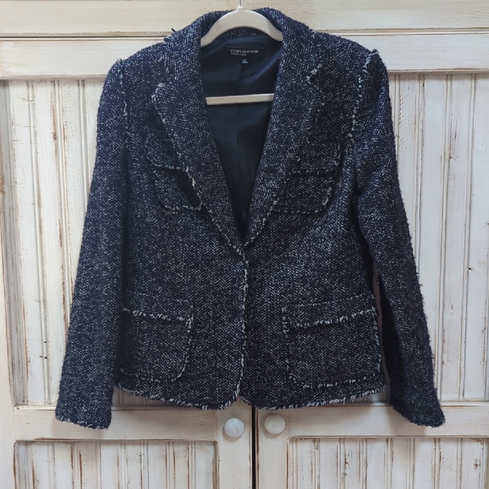 Navy Blue, Tweed Herringbone Fringed Blazer. Jones New York Collection Size 10